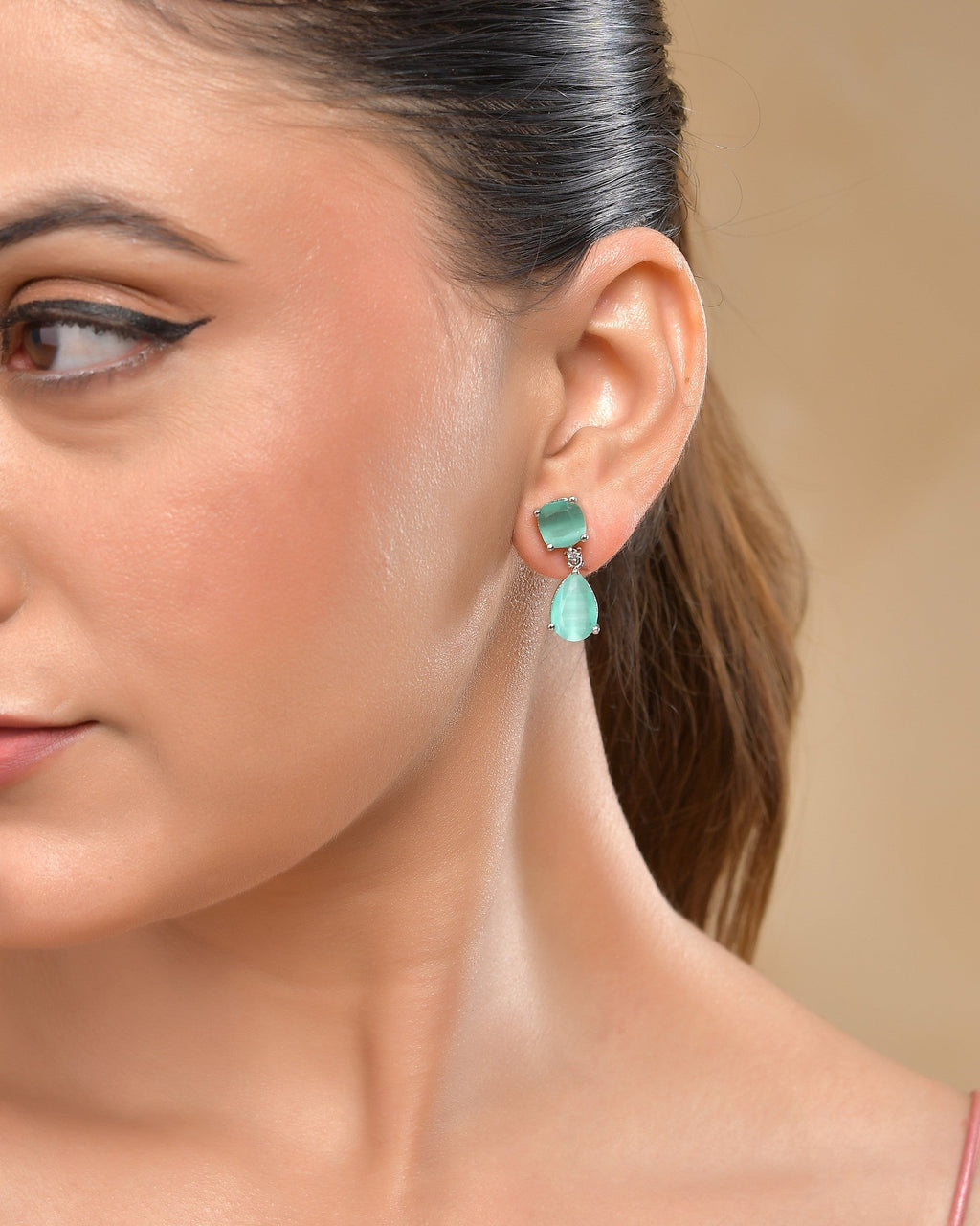 VOJ Silver Plated Sea Green Stone Studded Studs Earrings | Grocsy