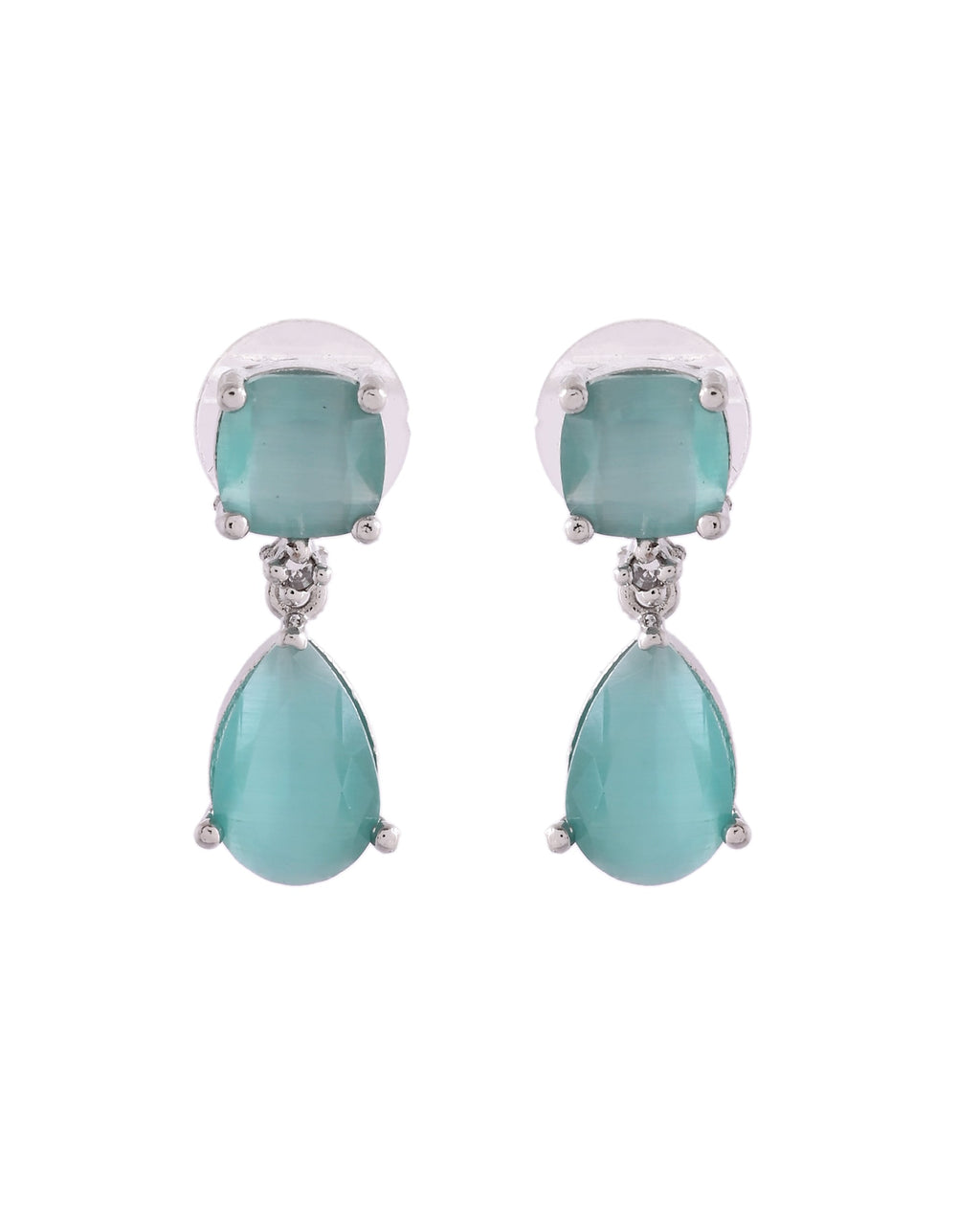 VOJ Silver Plated Sea Green Stone Studded Studs Earrings | Grocsy