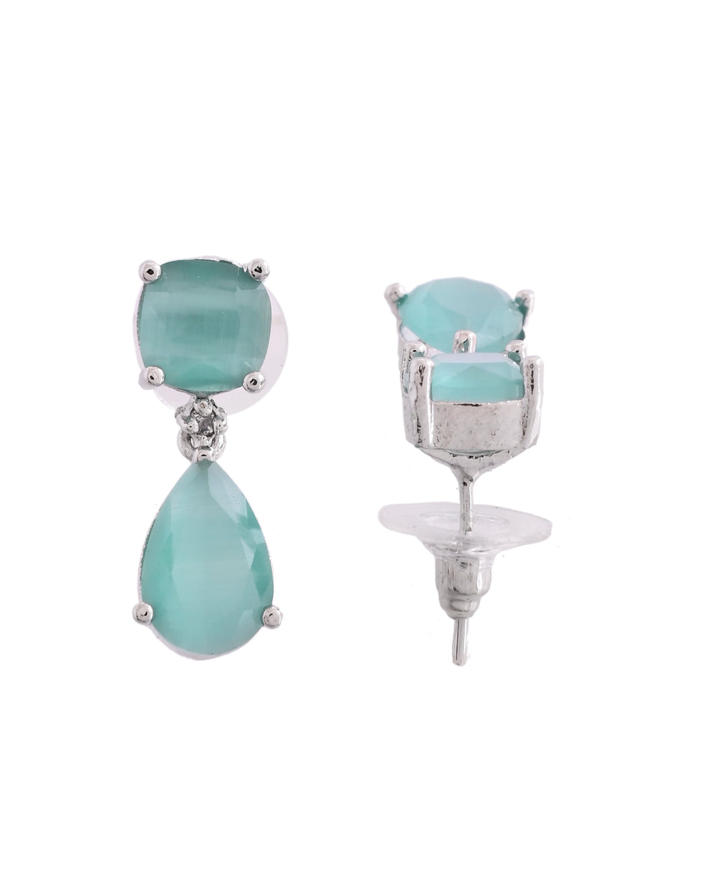 VOJ Silver Plated Sea Green Stone Studded Studs Earrings | Grocsy