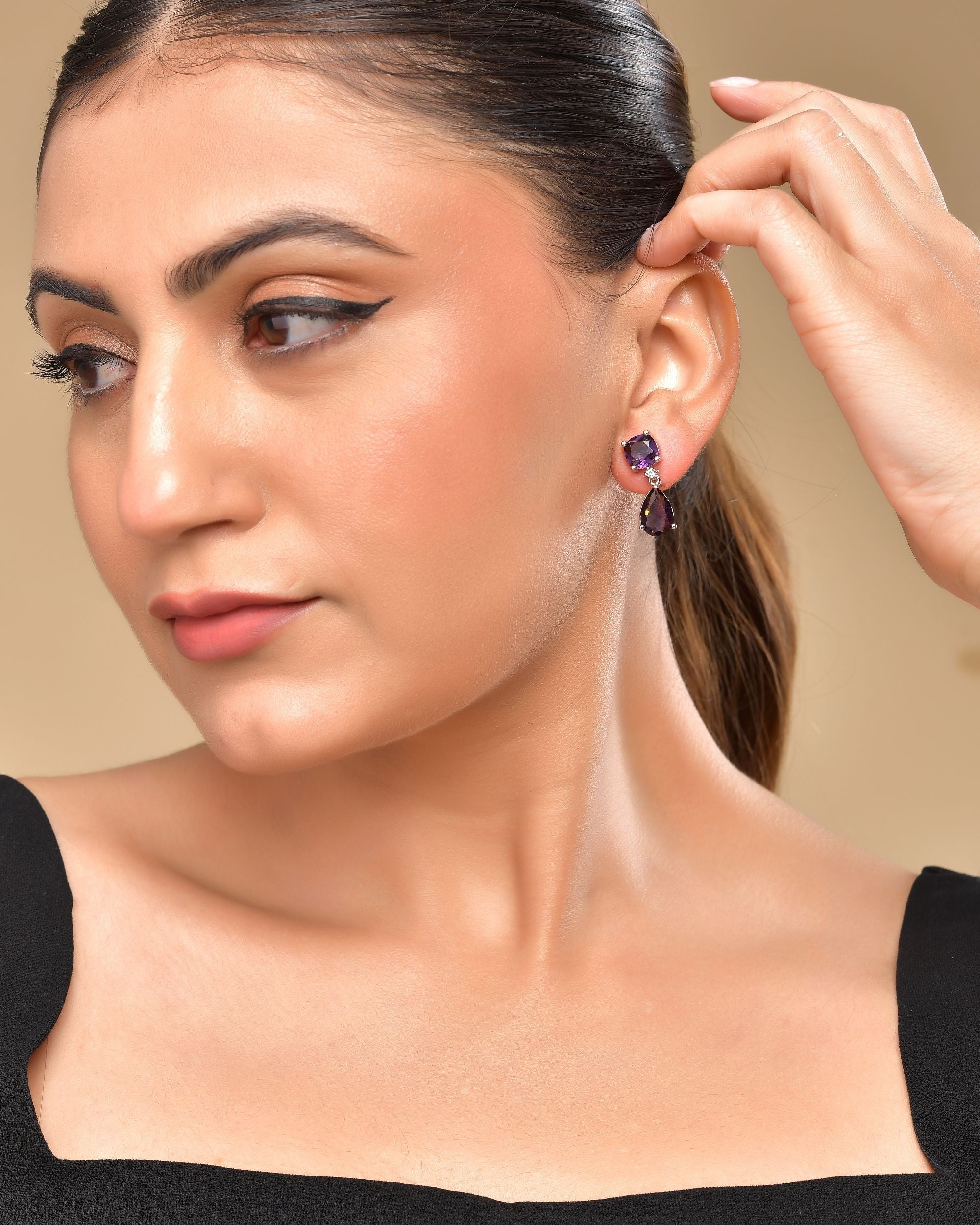 VOJ Silver Plated Purple Stone Studded Studs Earrings | Grocsy