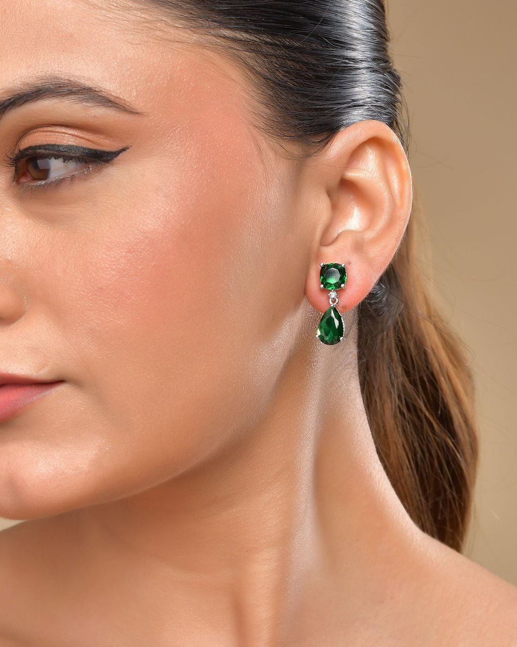 VOJ Silver Plated Green Stone Studded Studs Earrings | Grocsy