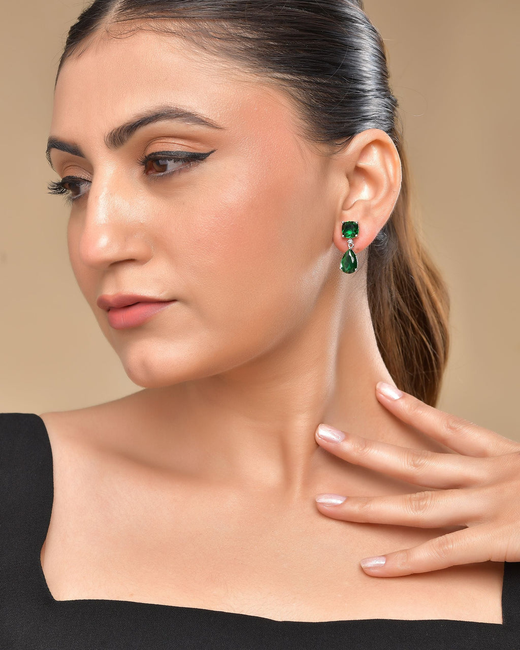 VOJ Silver Plated Green Stone Studded Studs Earrings | Grocsy
