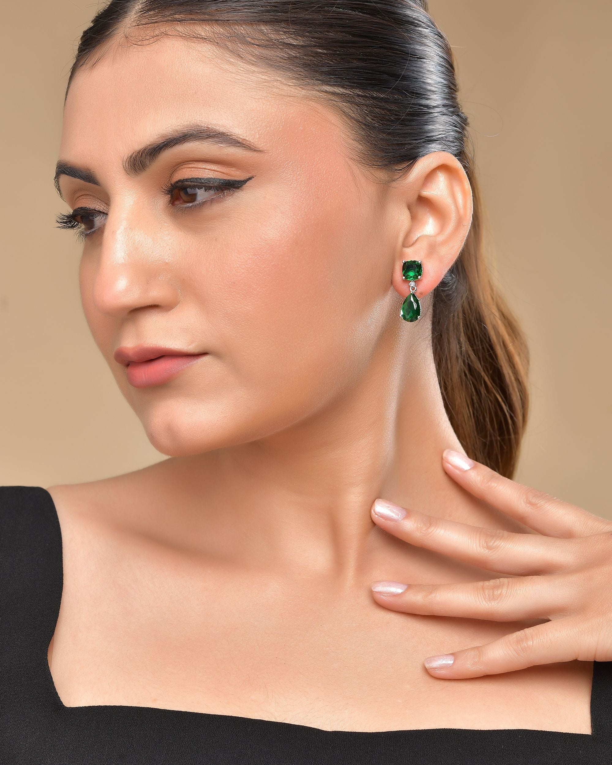 VOJ Silver Plated Green Stone Studded Studs Earrings | Grocsy