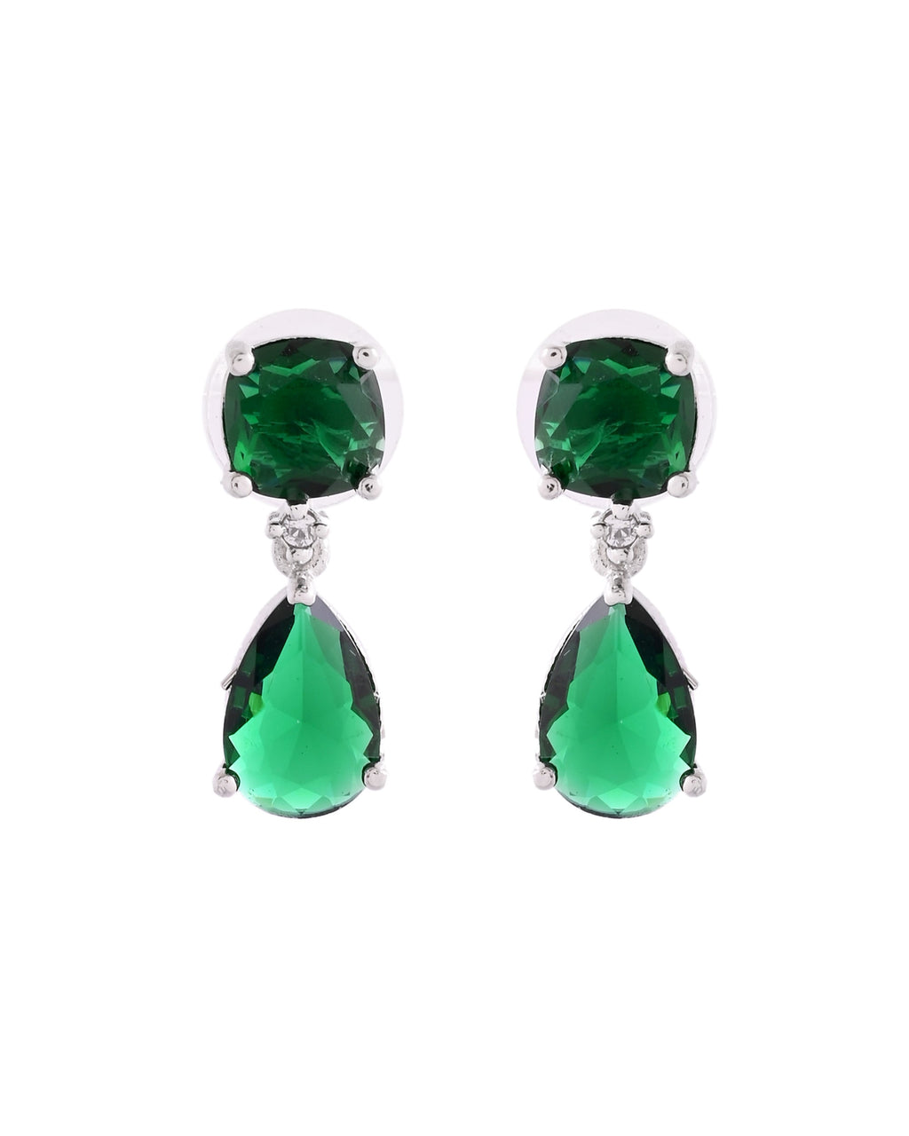 VOJ Silver Plated Green Stone Studded Studs Earrings | Grocsy