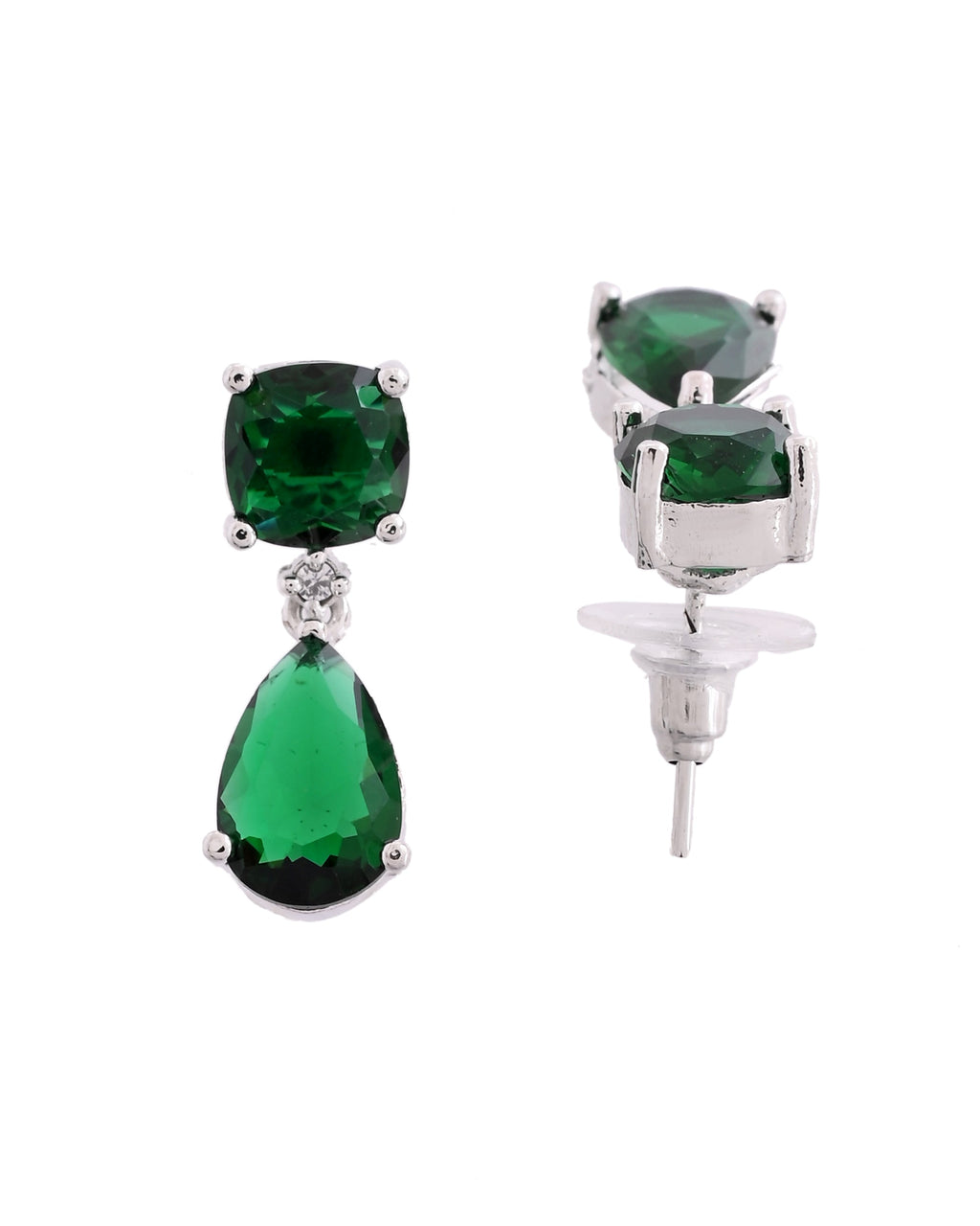 VOJ Silver Plated Green Stone Studded Studs Earrings | Grocsy