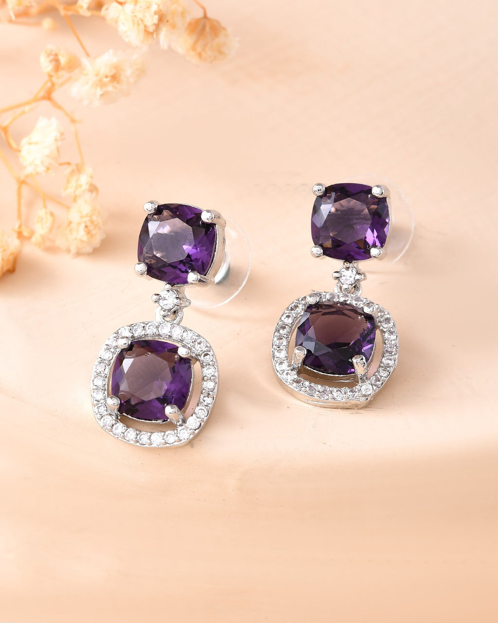 VOJ Silver Plated Purple Stone Geometrical Shaped Earrings | Grocsy