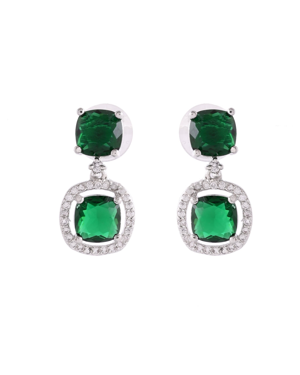 VOJ Silver Plated Green Stone Geometrical Shaped Earrings | Grocsy