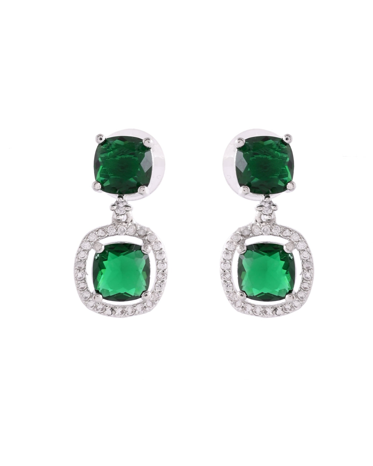 VOJ Silver Plated Green Stone Geometrical Shaped Earrings | Grocsy