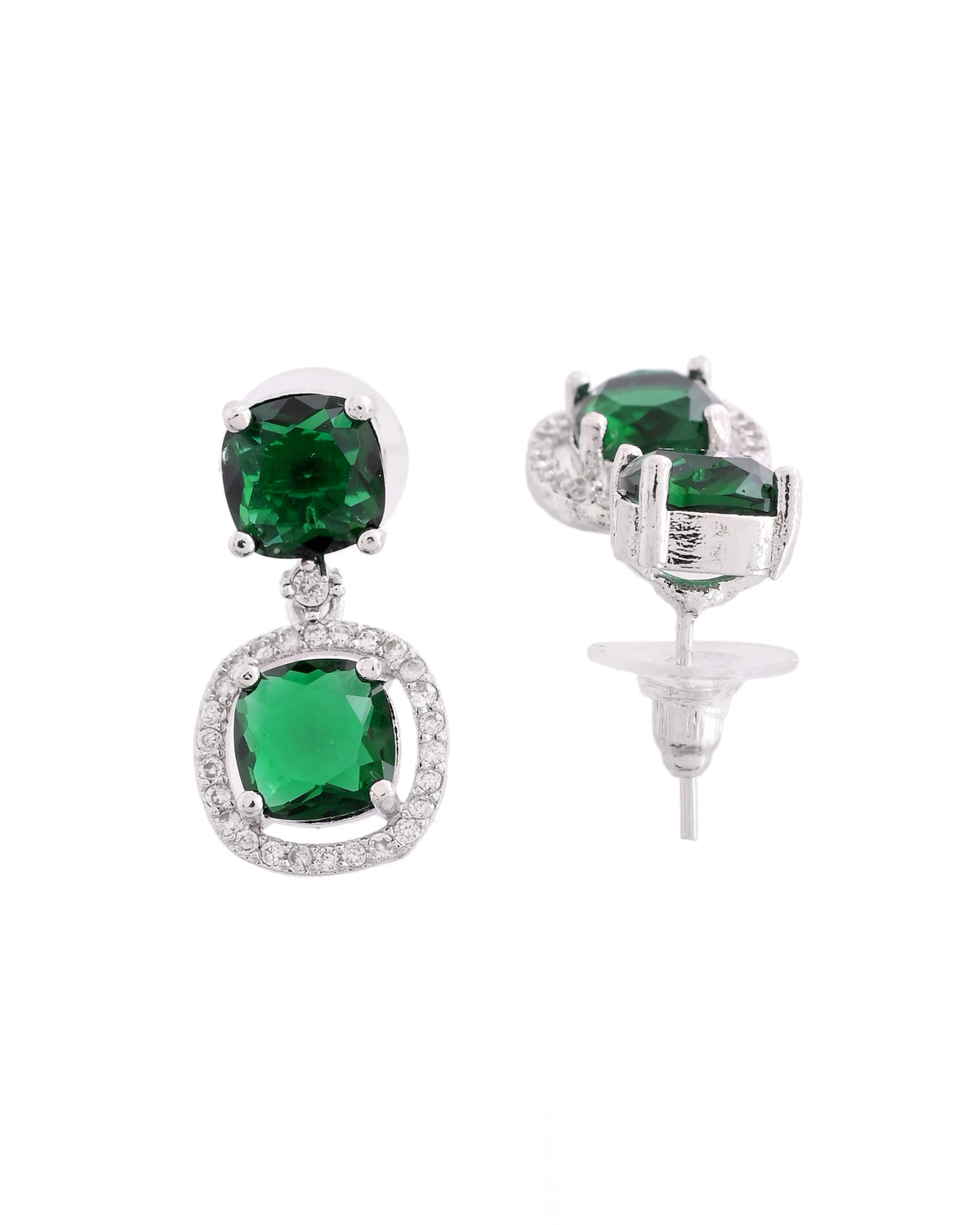VOJ Silver Plated Green Stone Geometrical Shaped Earrings | Grocsy