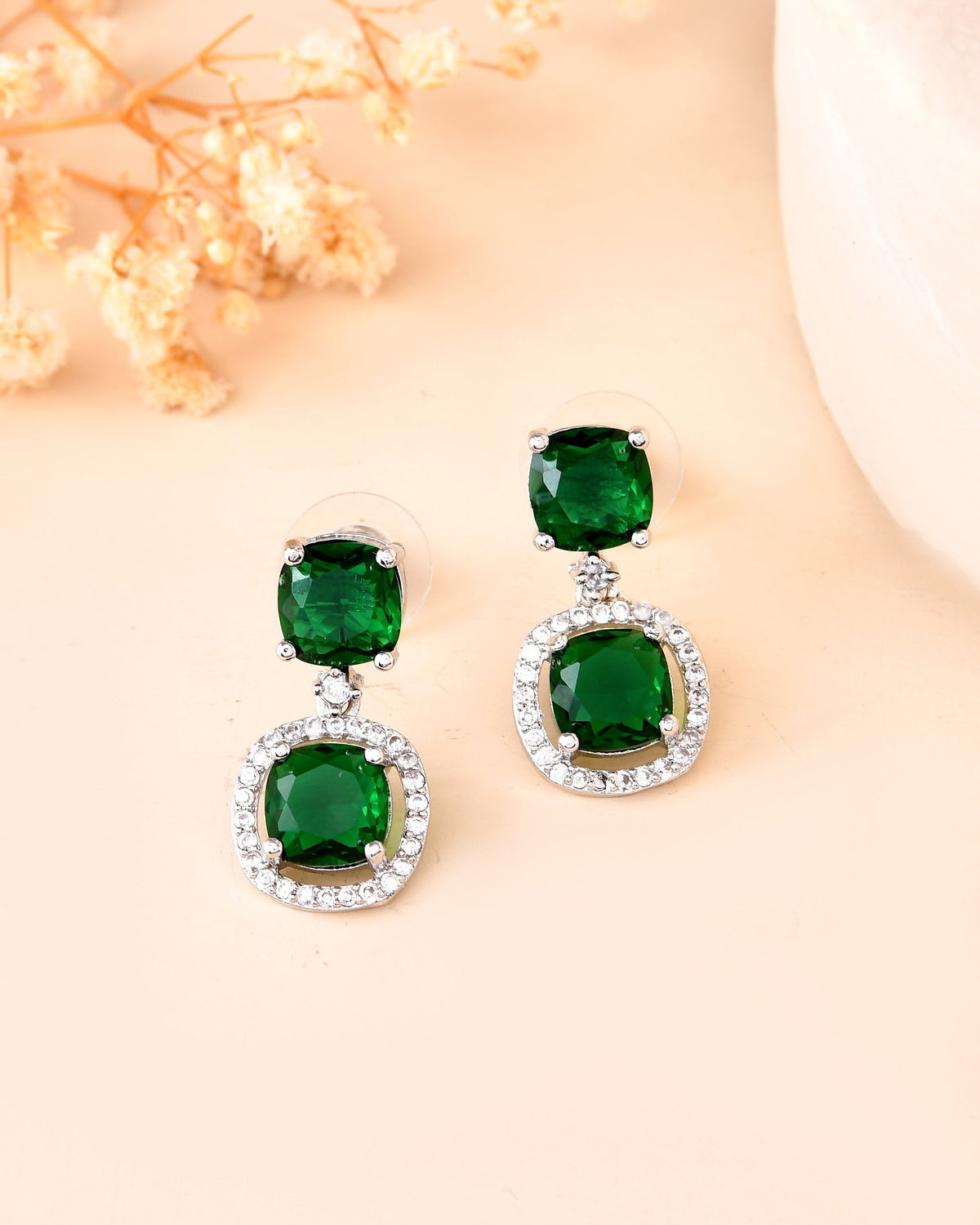 VOJ Silver Plated Green Stone Geometrical Shaped Earrings | Grocsy