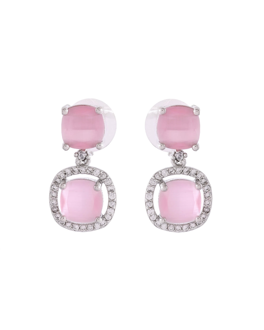 VOJ Silver Plated Baby Pink Stone Geometrical Shaped Earrings | Grocsy