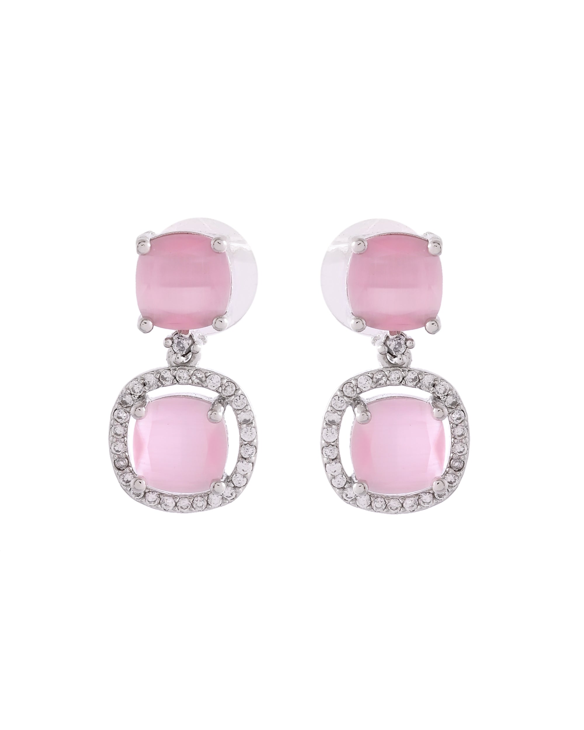 VOJ Silver Plated Baby Pink Stone Geometrical Shaped Earrings | Grocsy