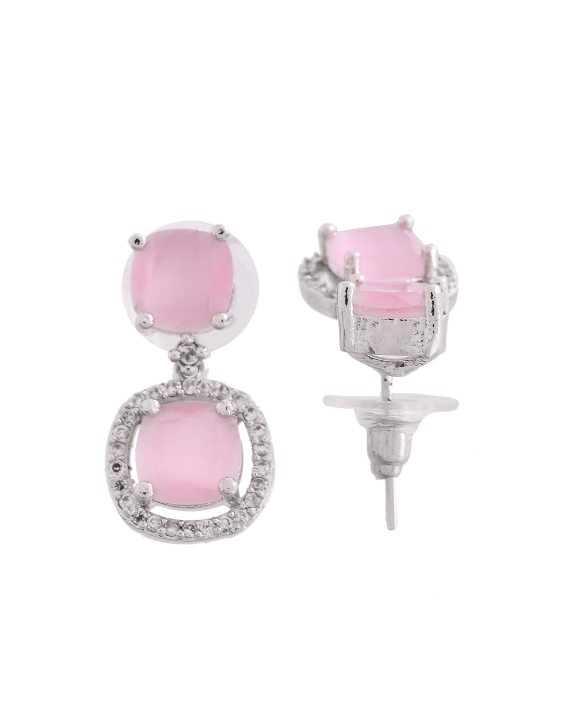 VOJ Silver Plated Baby Pink Stone Geometrical Shaped Earrings | Grocsy