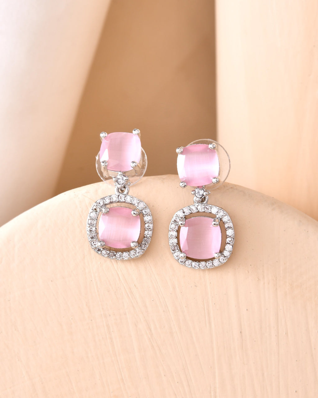 VOJ Silver Plated Baby Pink Stone Geometrical Shaped Earrings | Grocsy