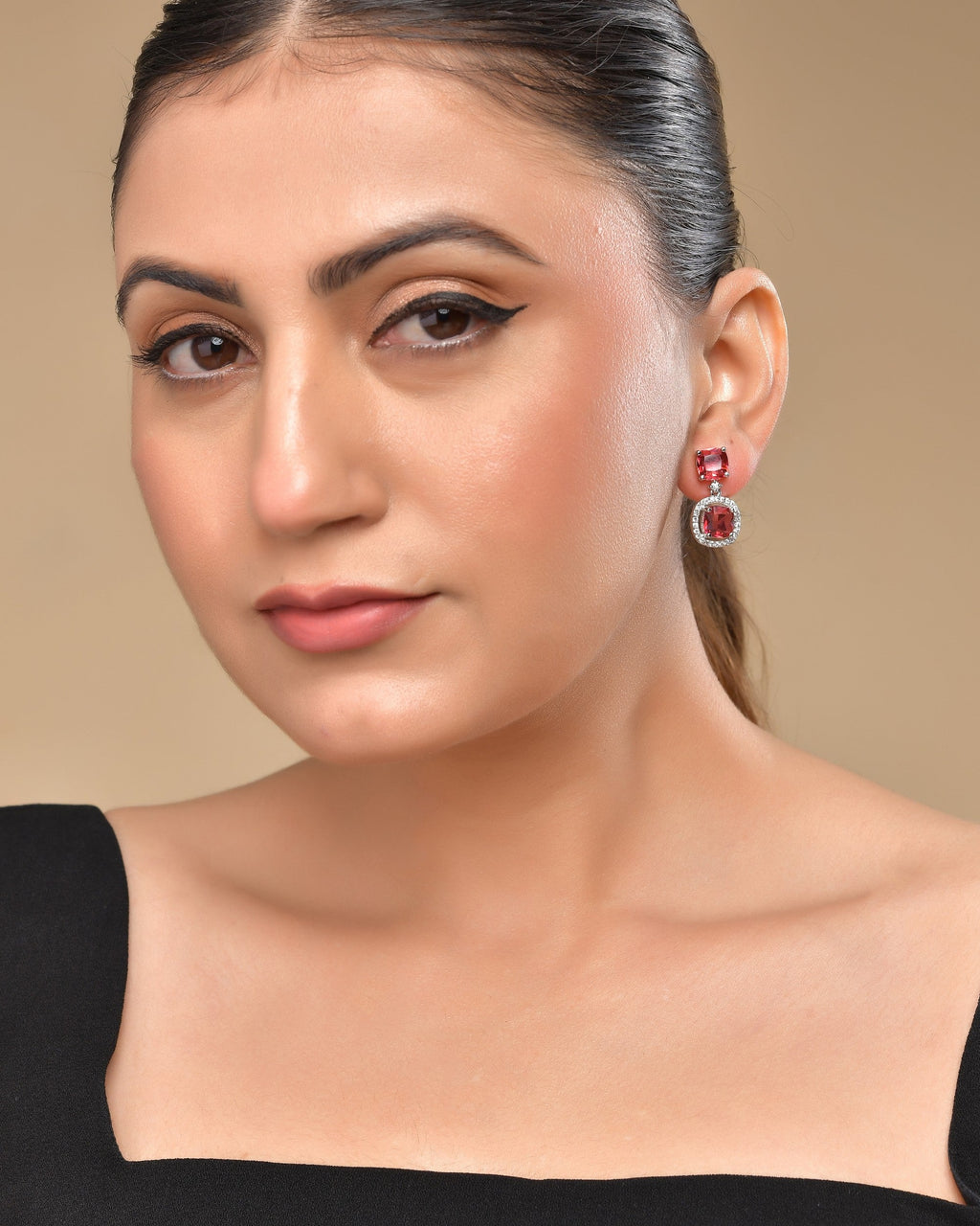VOJ Silver Plated Red Stone Geometrical Shaped Earrings | Grocsy