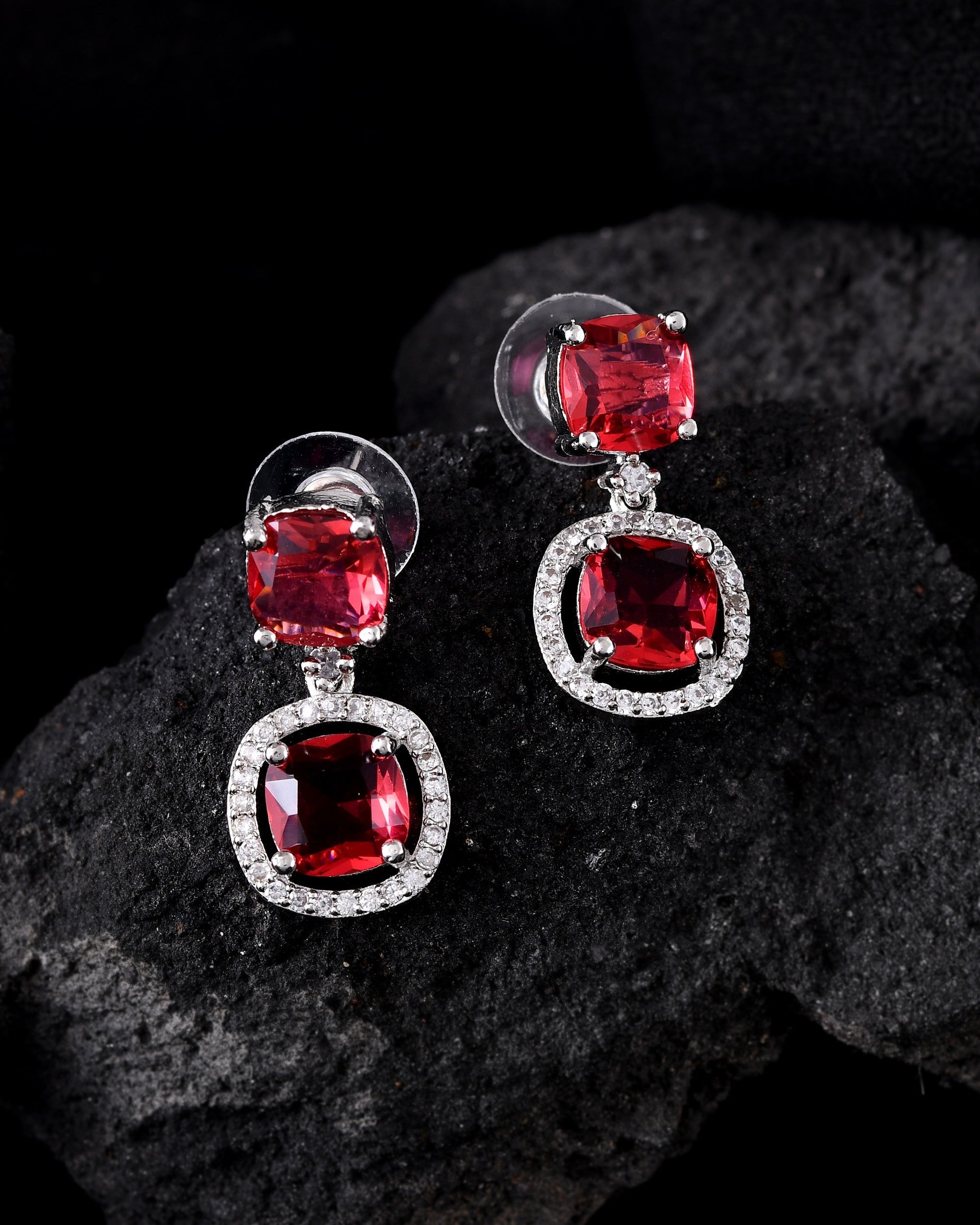 VOJ Silver Plated Red Stone Geometrical Shaped Earrings | Grocsy