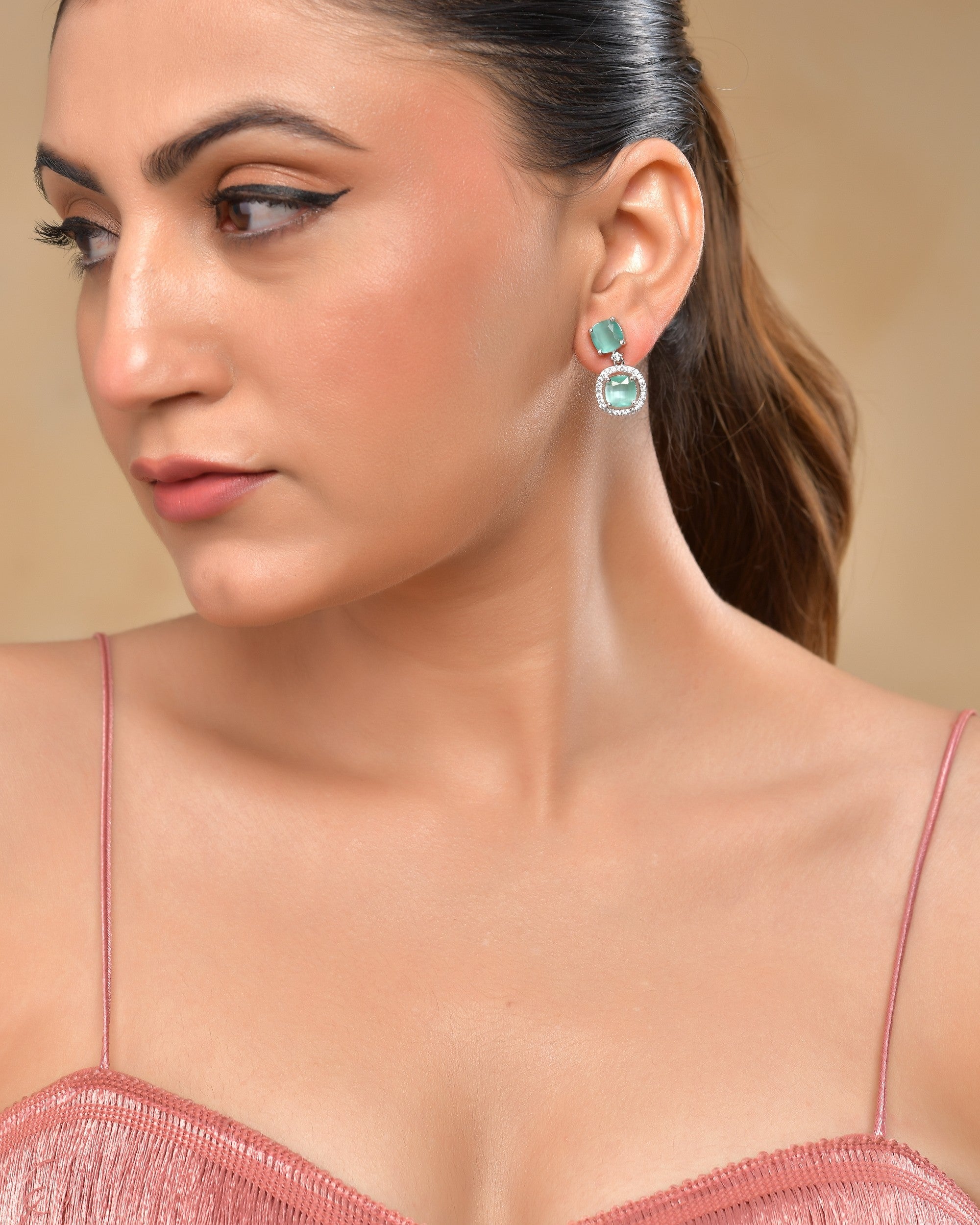 VOJ Silver Plated Sea Green Stone Geometrical Shaped Earrings | Grocsy