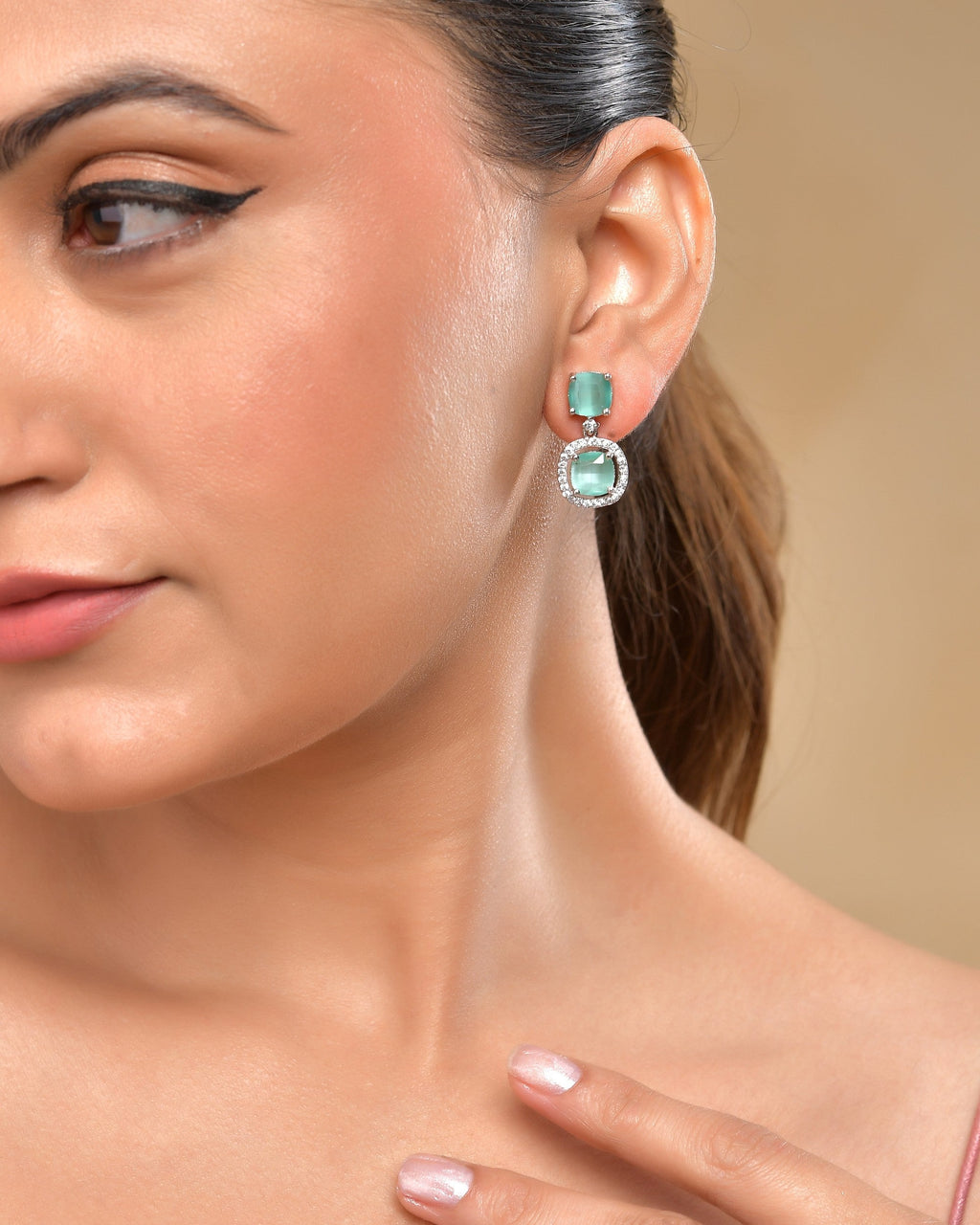VOJ Silver Plated Sea Green Stone Geometrical Shaped Earrings | Grocsy