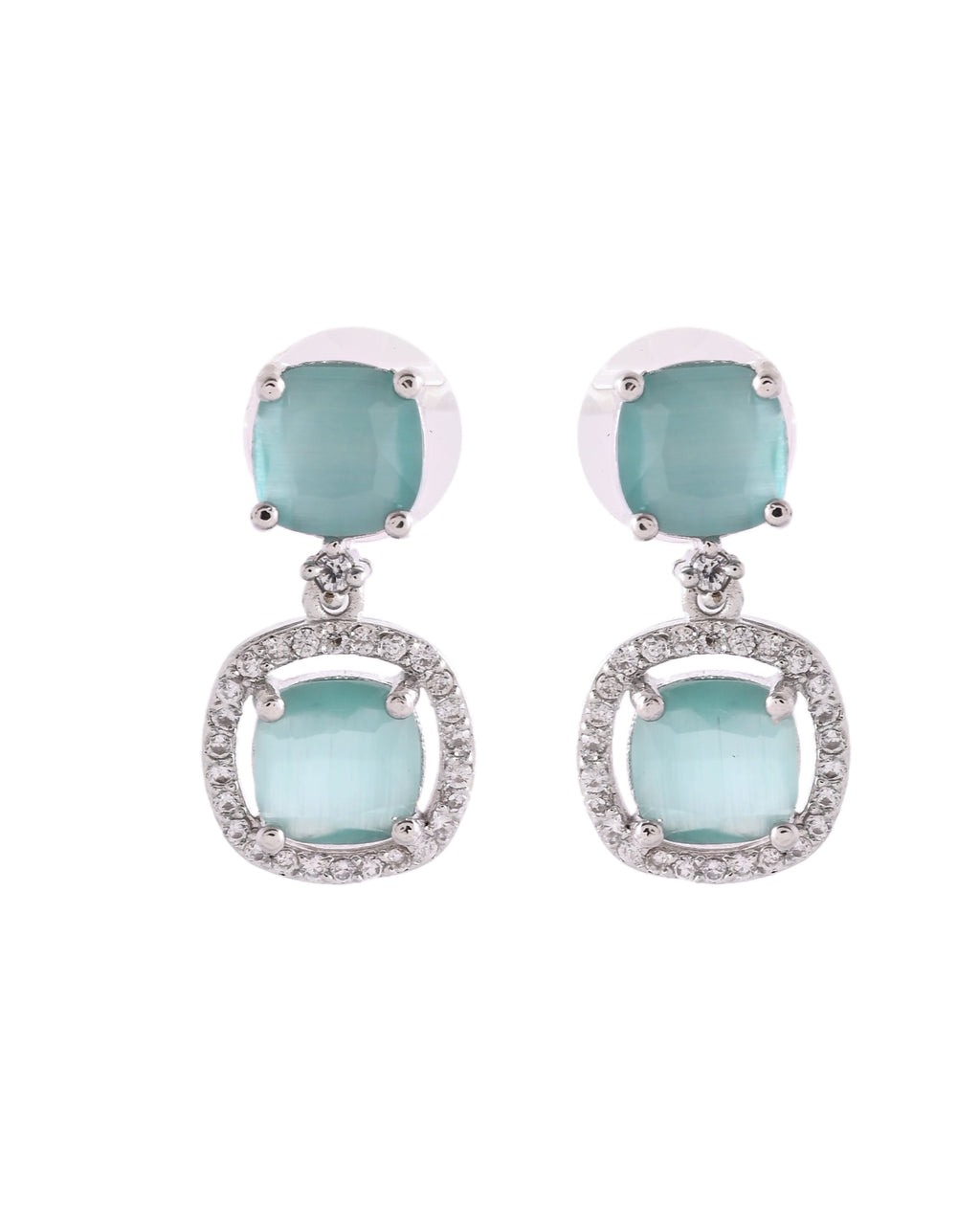 VOJ Silver Plated Sea Green Stone Geometrical Shaped Earrings | Grocsy