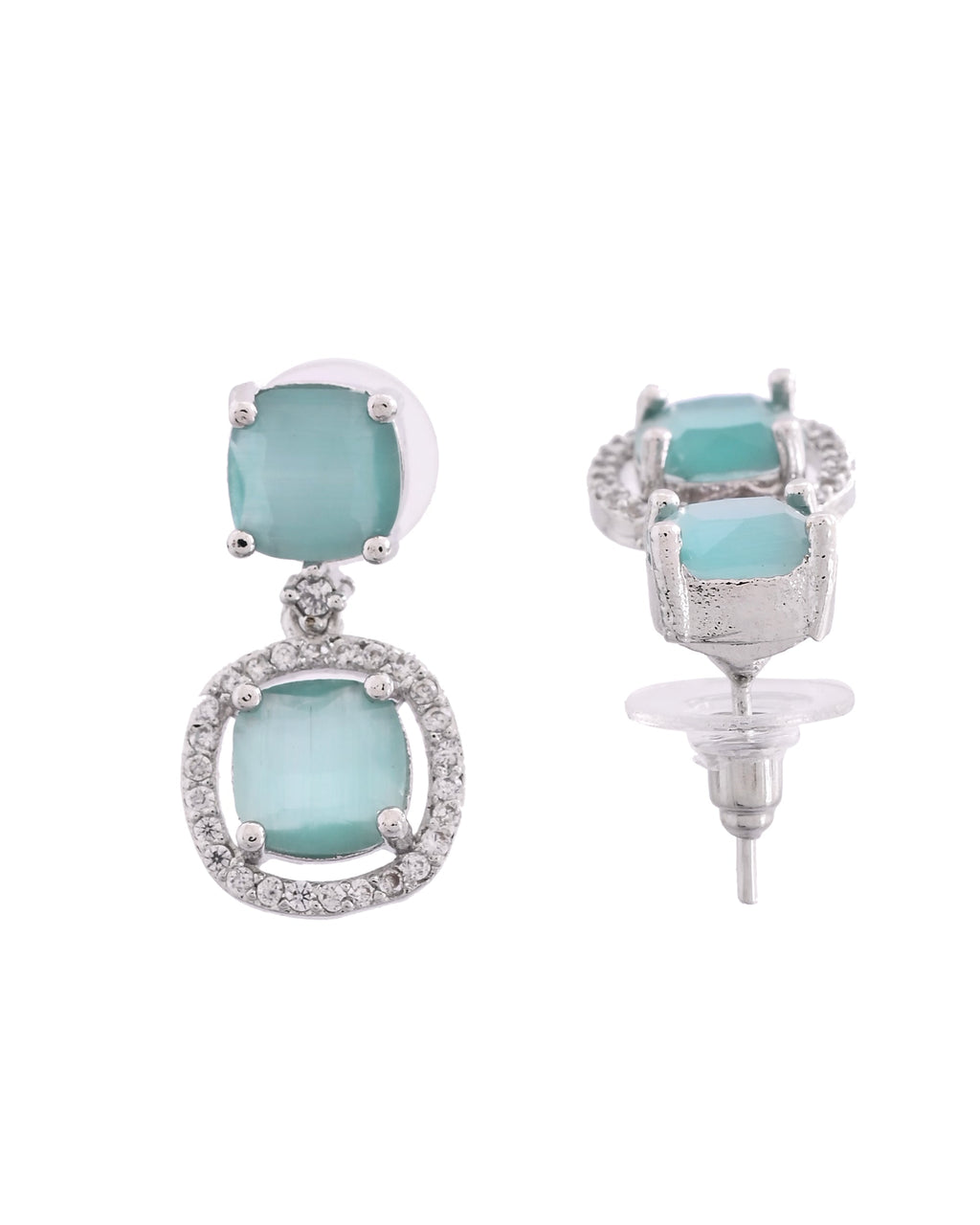 VOJ Silver Plated Sea Green Stone Geometrical Shaped Earrings | Grocsy