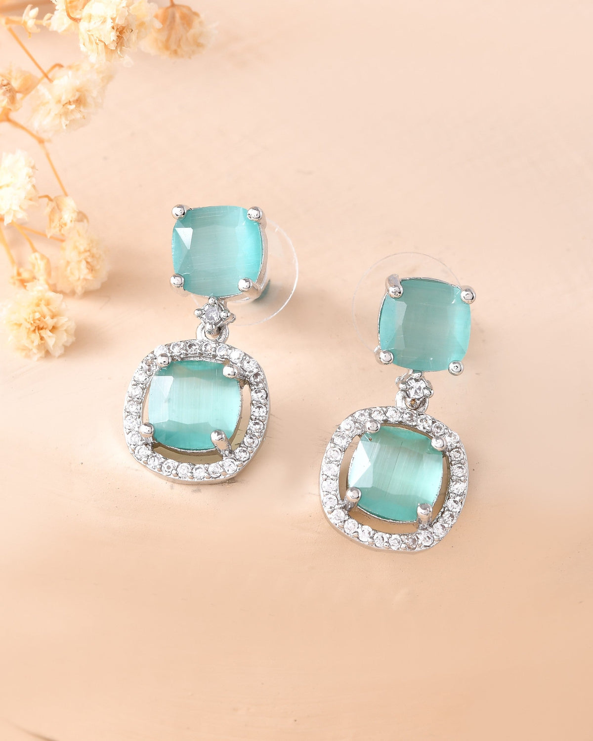 VOJ Silver Plated Sea Green Stone Geometrical Shaped Earrings | Grocsy