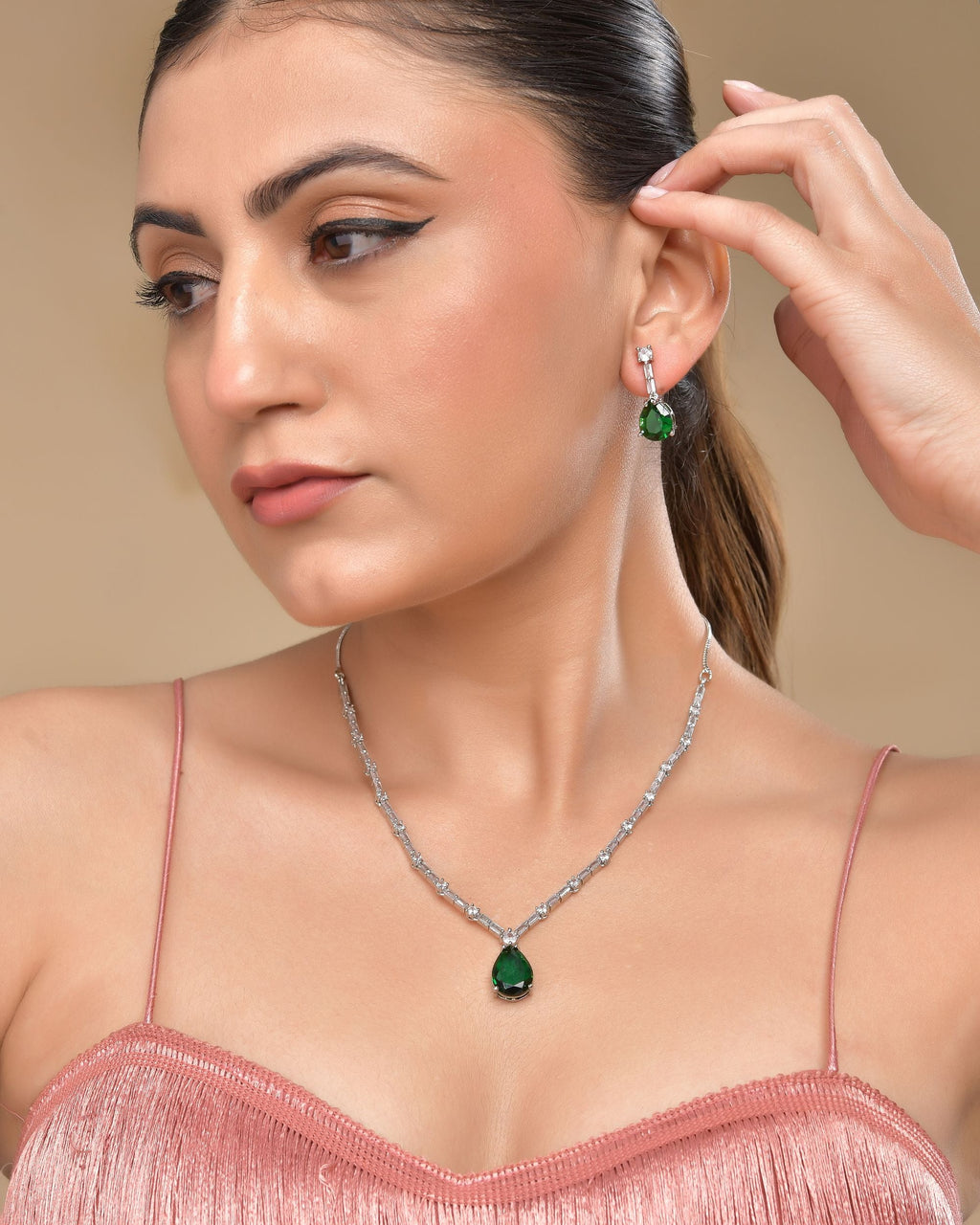 VOJ Silver Plated Green Teardrop Stone Studded Simple Jewellery Set | Grocsy