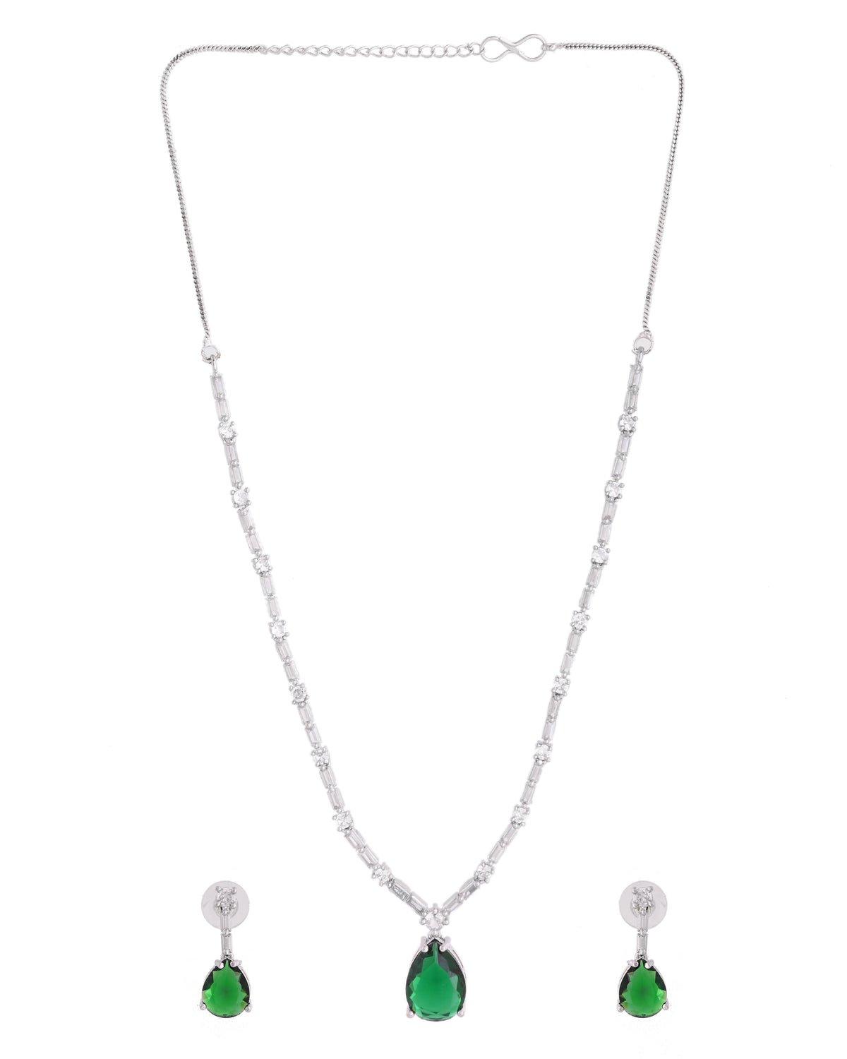 VOJ Silver Plated Green Teardrop Stone Studded Simple Jewellery Set | Grocsy