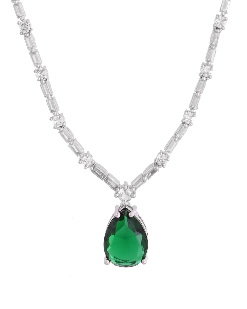 VOJ Silver Plated Green Teardrop Stone Studded Simple Jewellery Set | Grocsy