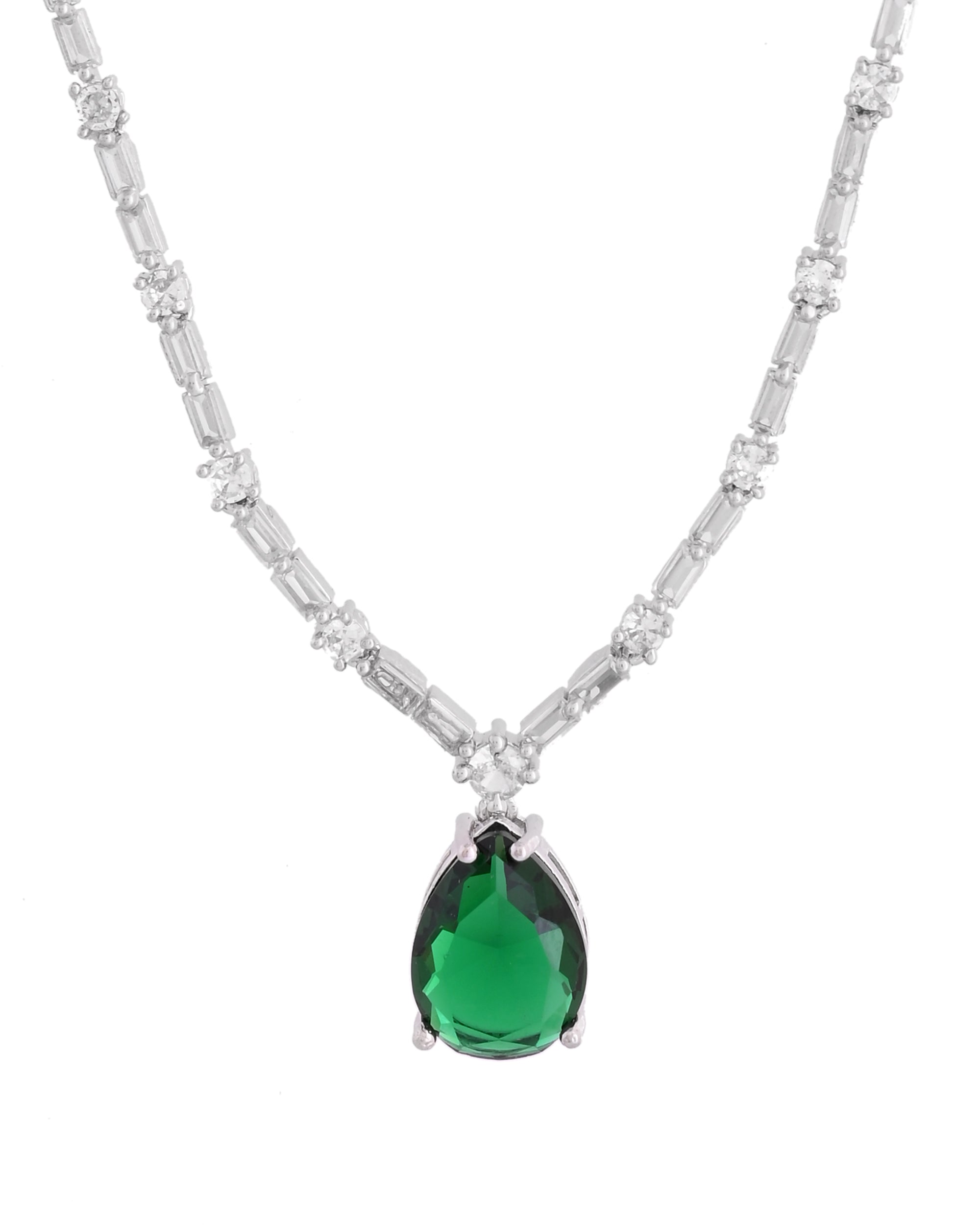 VOJ Silver Plated Green Teardrop Stone Studded Simple Jewellery Set | Grocsy