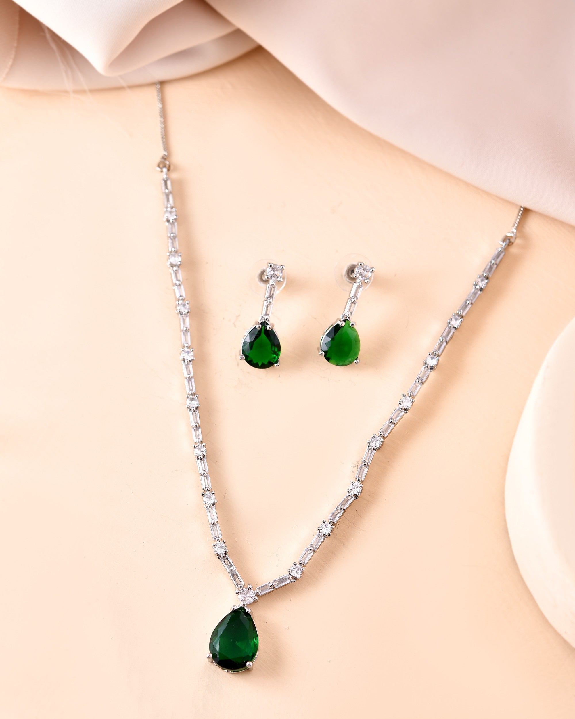 VOJ Silver Plated Green Teardrop Stone Studded Simple Jewellery Set | Grocsy