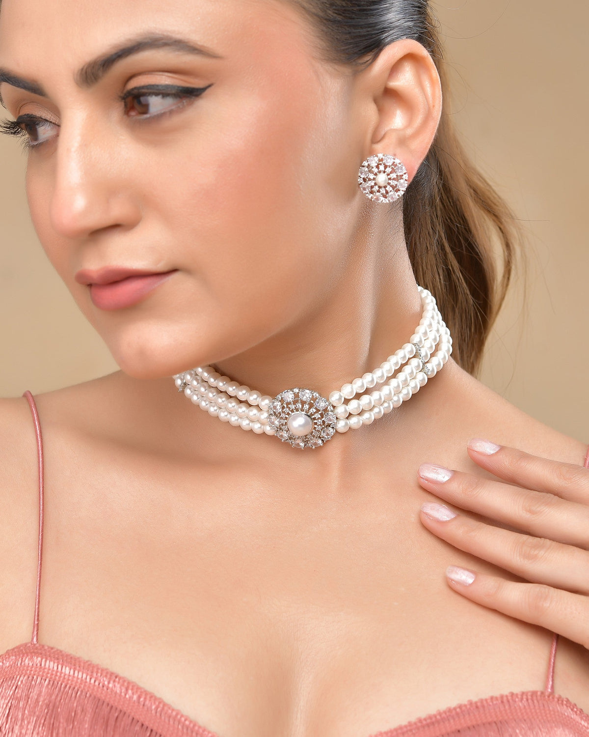 VOJ Silver Plated Pearl And Ad Stone Studded Choker Necklace With Earrings Set | Grocsy