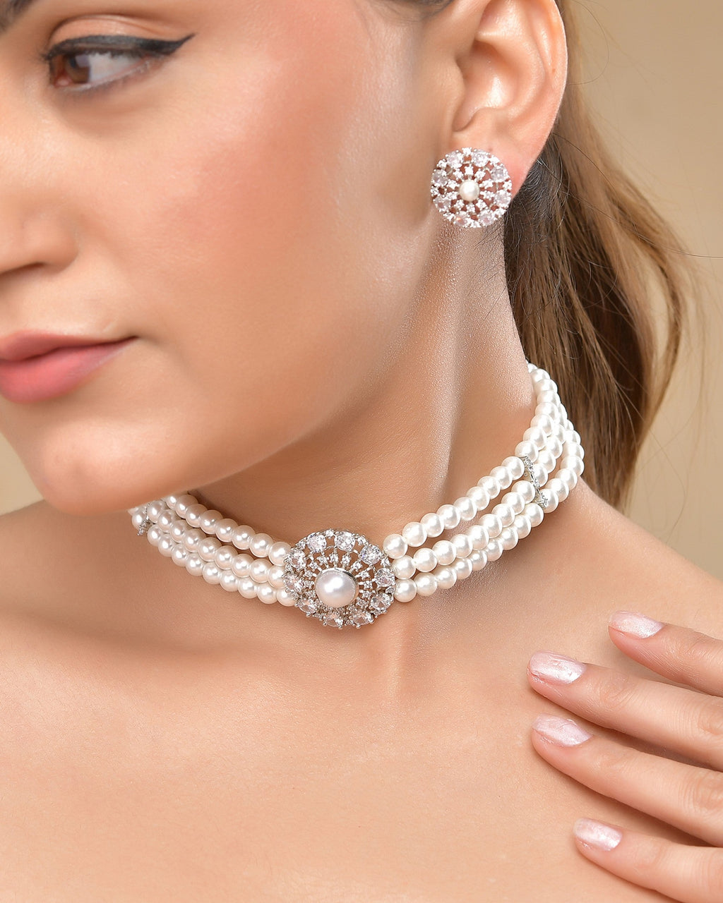 VOJ Silver Plated Pearl And Ad Stone Studded Choker Necklace With Earrings Set | Grocsy