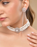 VOJ Silver Plated Pearl And Ad Stone Studded Choker Necklace With Earrings Set | Grocsy