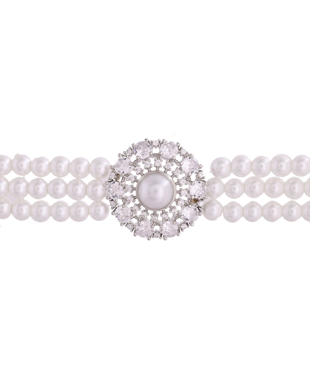 VOJ Silver Plated Pearl And Ad Stone Studded Choker Necklace With Earrings Set | Grocsy