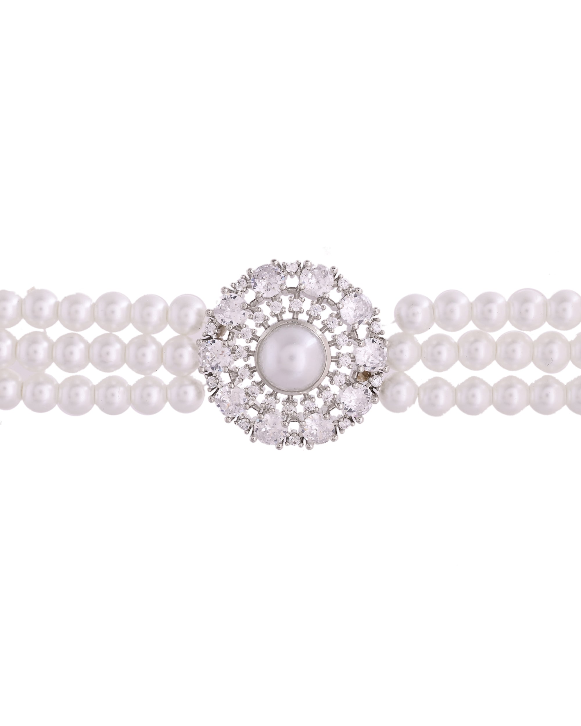 VOJ Silver Plated Pearl And Ad Stone Studded Choker Necklace With Earrings Set | Grocsy