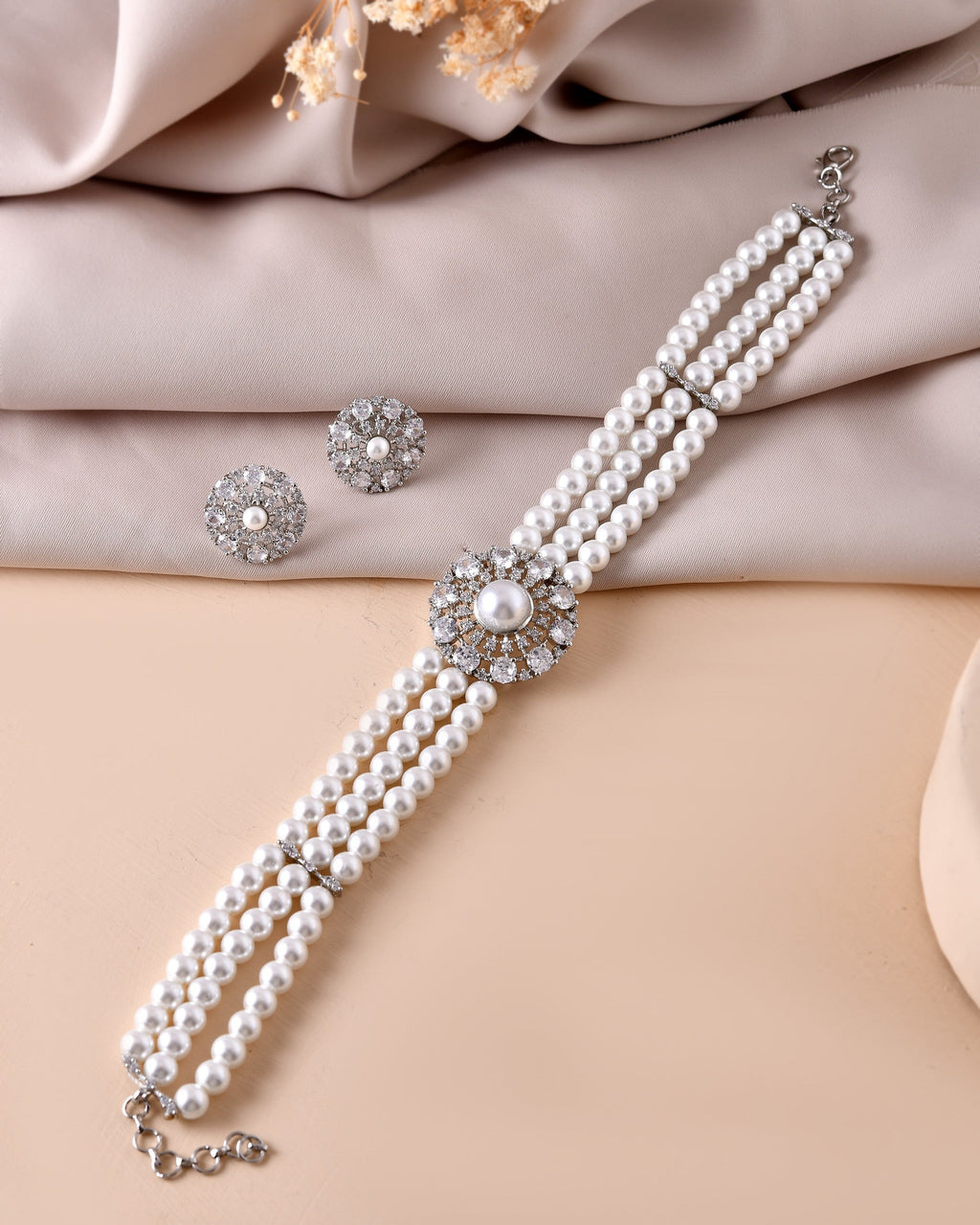 VOJ Silver Plated Pearl And Ad Stone Studded Choker Necklace With Earrings Set | Grocsy