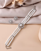 VOJ Silver Plated Pearl And Ad Stone Studded Choker Necklace With Earrings Set | Grocsy