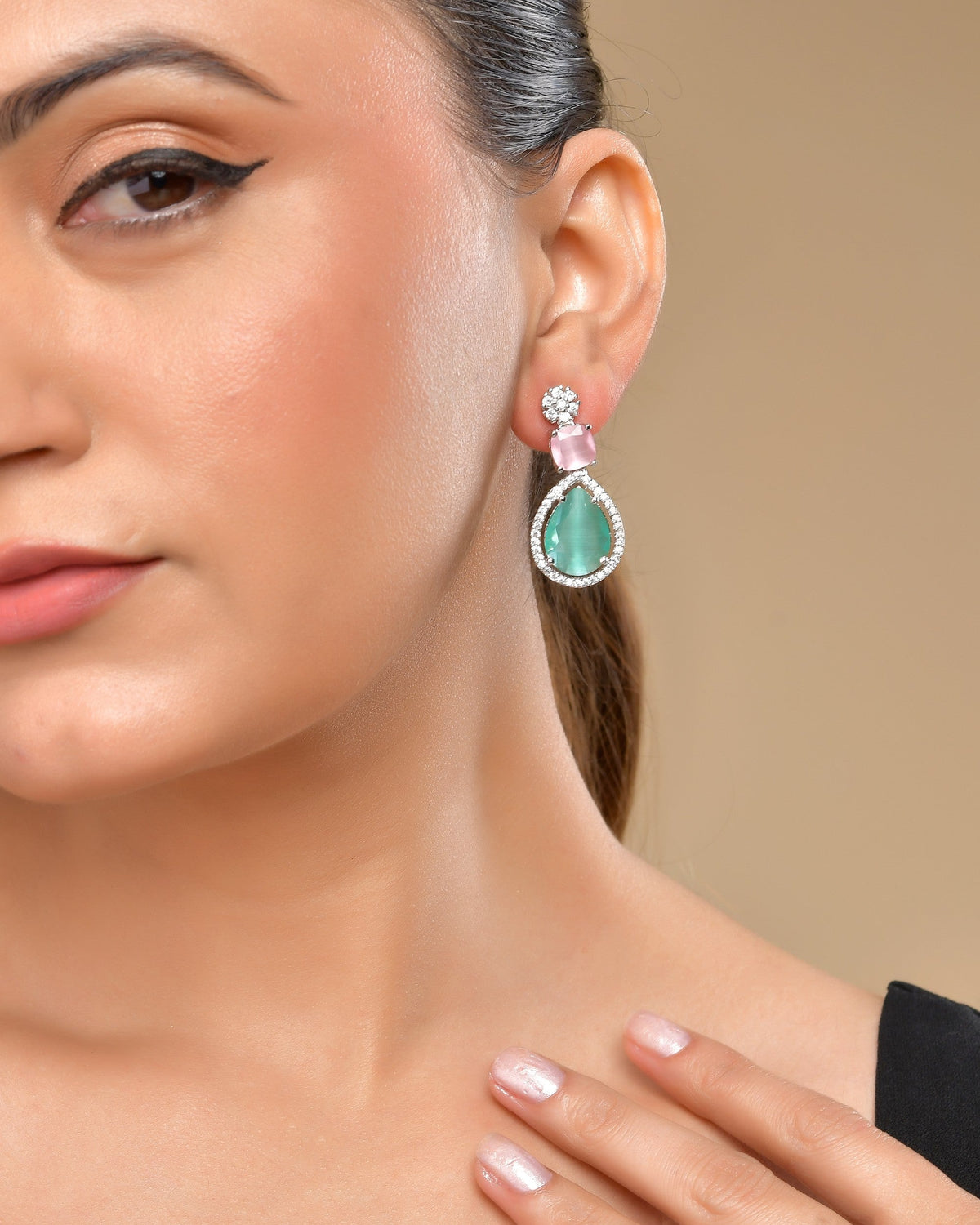 VOJ Silver Plated Teal And Pink Stone Studded Elegant Earrings | Grocsy