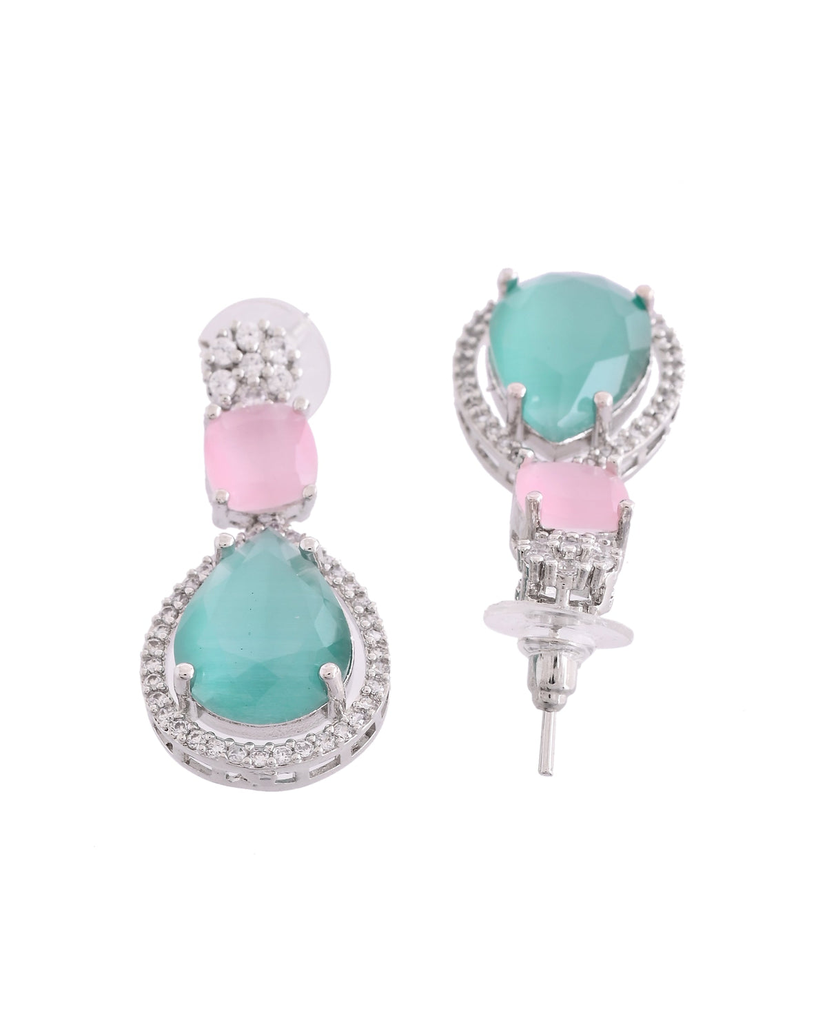 VOJ Silver Plated Teal And Pink Stone Studded Elegant Earrings | Grocsy