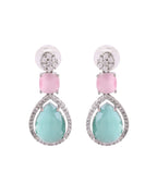VOJ Silver Plated Teal And Pink Stone Studded Elegant Earrings | Grocsy