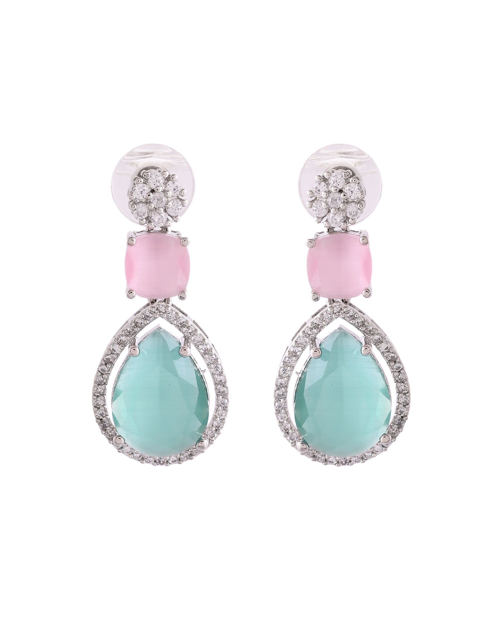VOJ Silver Plated Teal And Pink Stone Studded Elegant Earrings | Grocsy