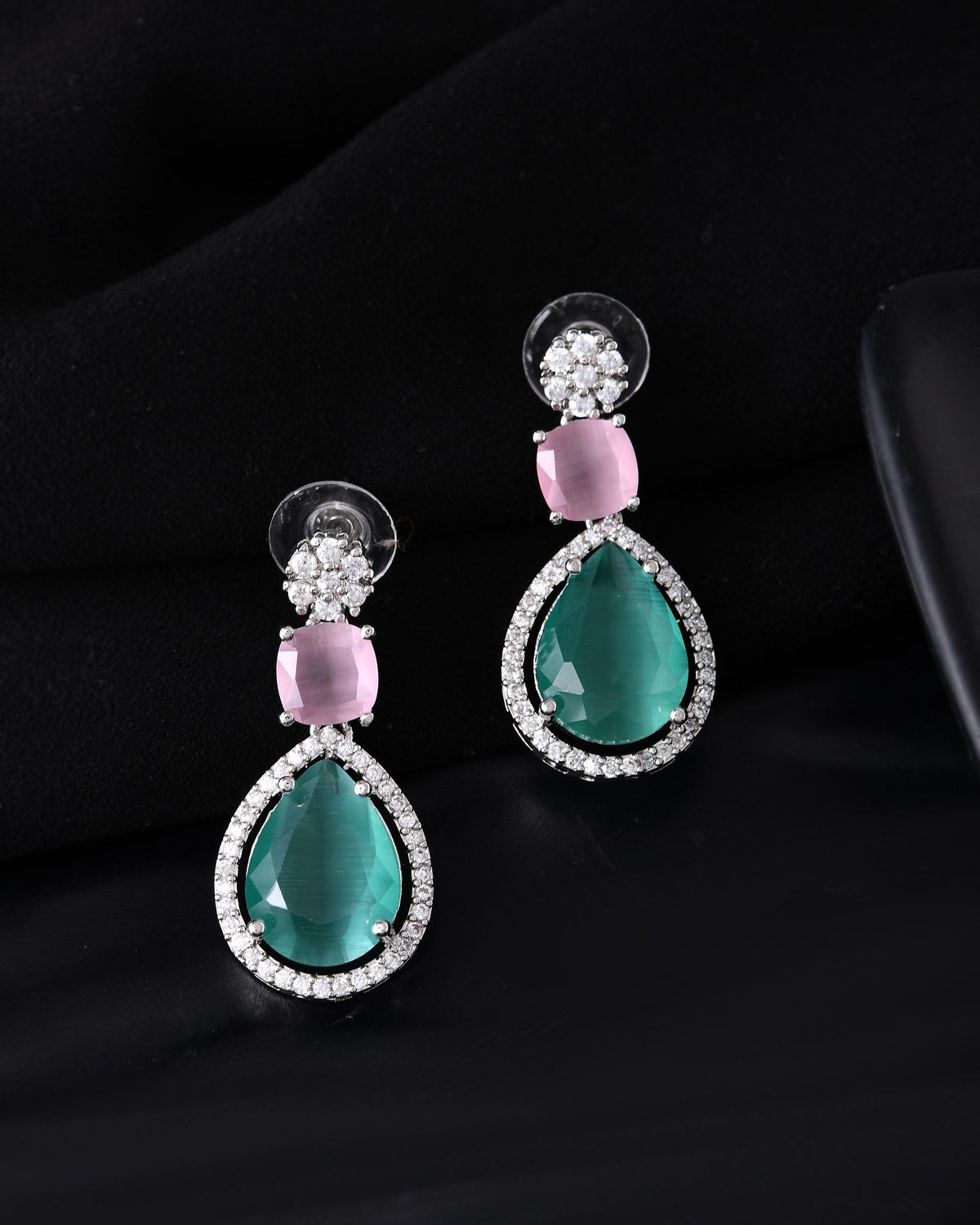 VOJ Silver Plated Teal And Pink Stone Studded Elegant Earrings | Grocsy