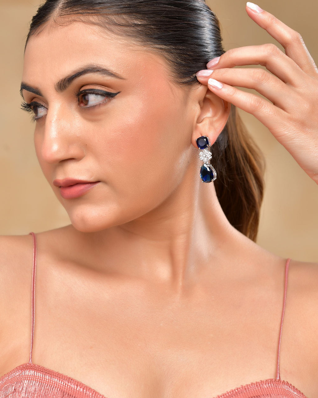 VOJ Silver Plated Blue Stone Studded Floral Shaped Studs Earrings | Grocsy