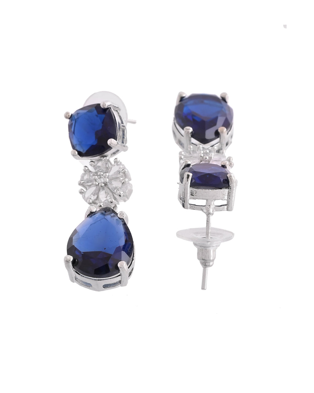 VOJ Silver Plated Blue Stone Studded Floral Shaped Studs Earrings | Grocsy