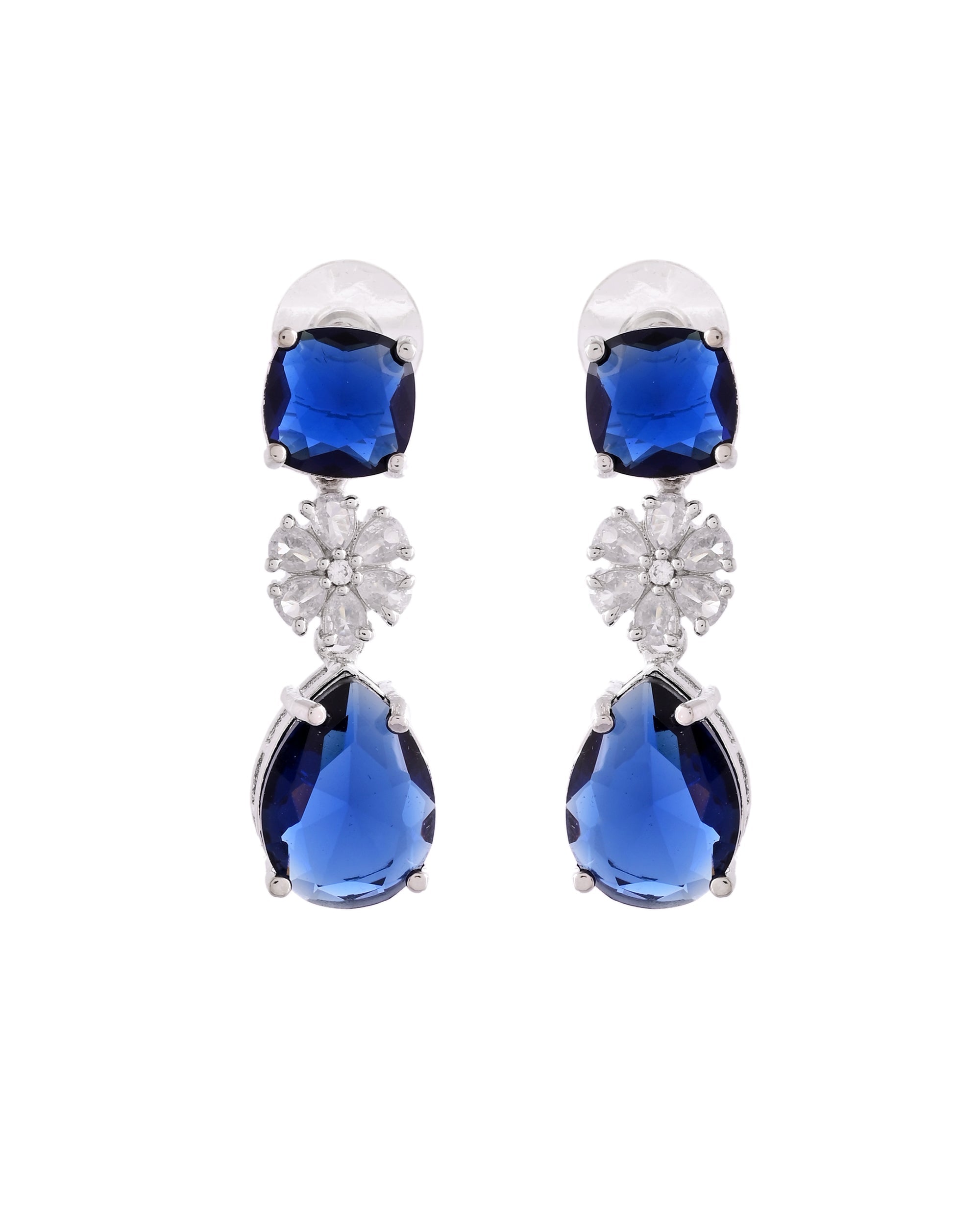 VOJ Silver Plated Blue Stone Studded Floral Shaped Studs Earrings | Grocsy