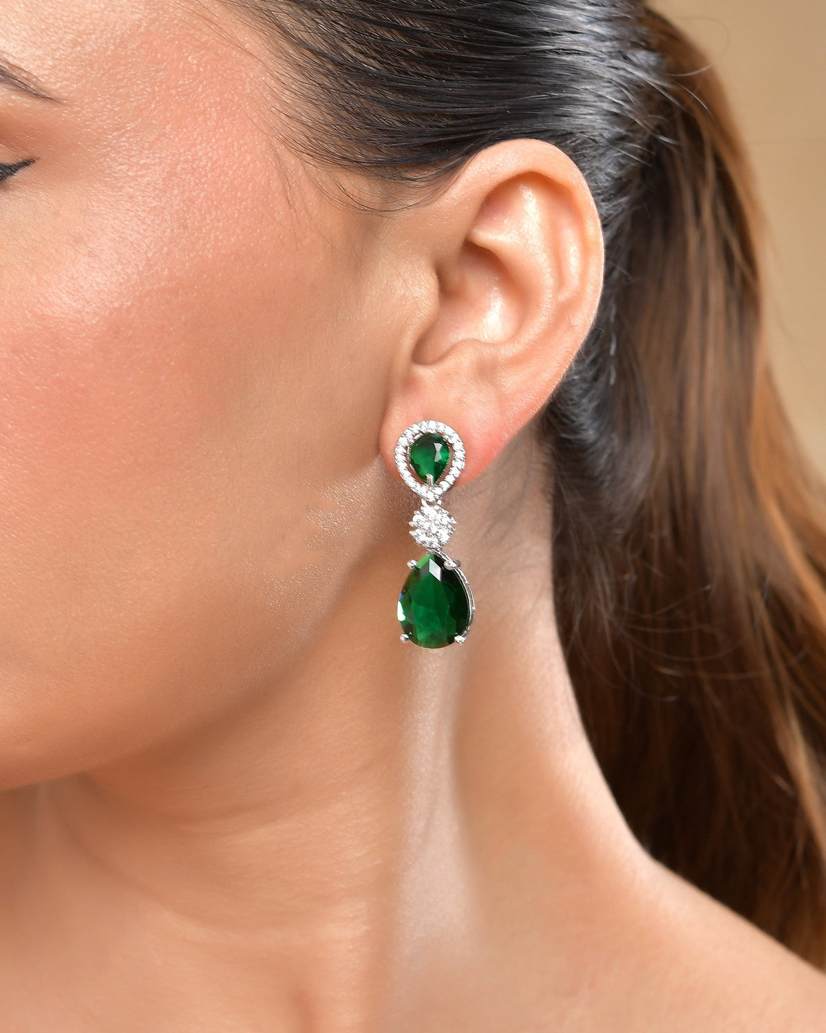 VOJ Silver Plated Green Stone Studded Floral Shaped Studs Earrings | Grocsy