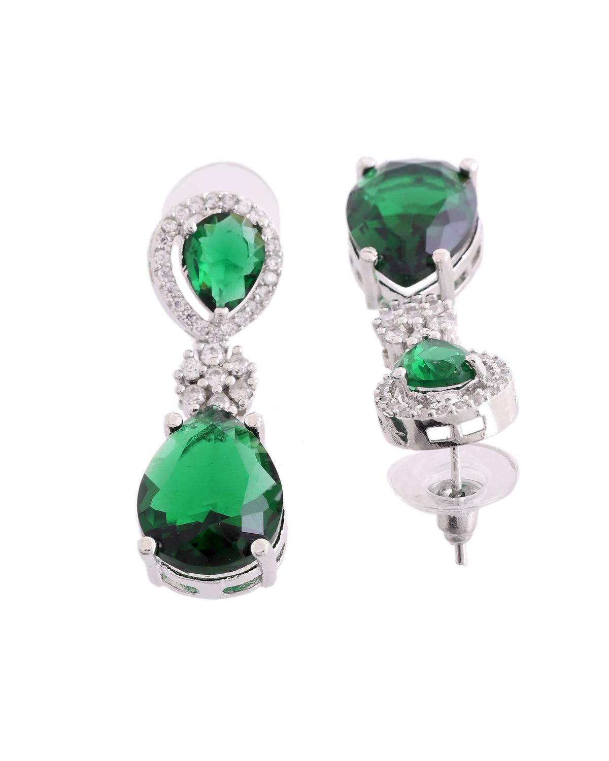 VOJ Silver Plated Green Stone Studded Floral Shaped Studs Earrings | Grocsy