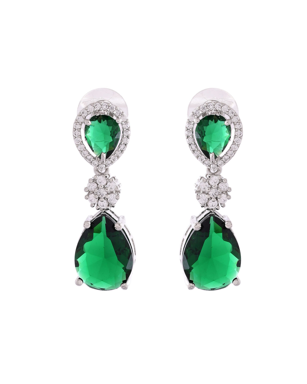 VOJ Silver Plated Green Stone Studded Floral Shaped Studs Earrings | Grocsy