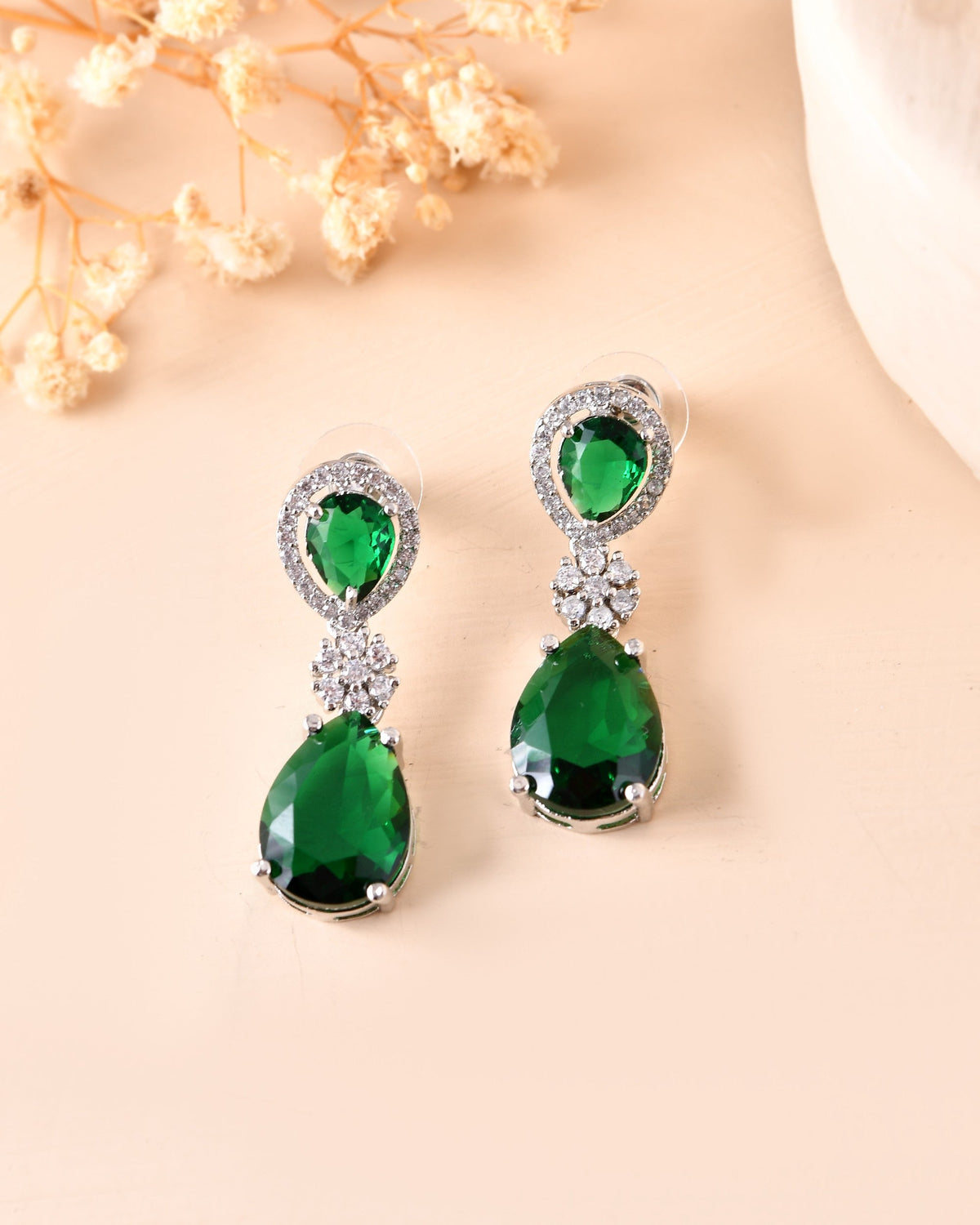 VOJ Silver Plated Green Stone Studded Floral Shaped Studs Earrings | Grocsy