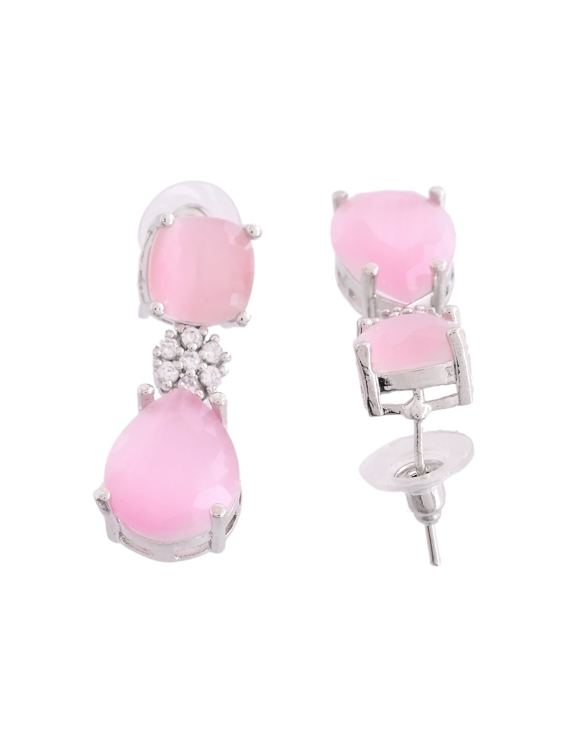 VOJ Silver Plated Baby Pink Stone Studded Floral Shaped Studs Earrings | Grocsy